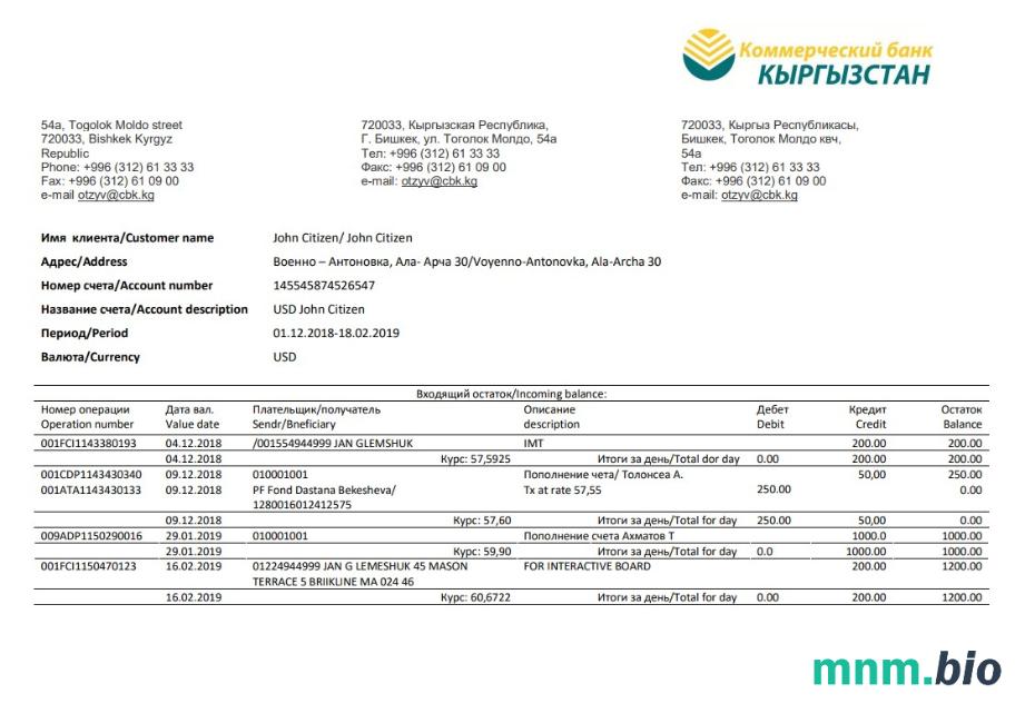 Wyciąg bankowy Kirgistan Kirgizbank łatwy do wypełnienia szablon w formacie Excel i PDF